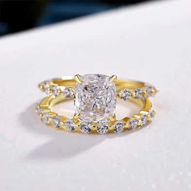 Exquisite Golden Tone Cushion Cut Sterling Silver Bridal Set