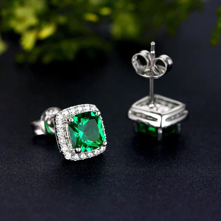 Retro Emeralds Cut Halo Stud Earrings in 18K Platinum Plated Sterling Silver