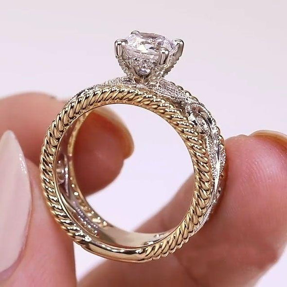 Two-tone Vintage Engraved Round Cut Engagement Ring