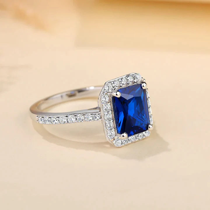 Vintage Blue Radiant Cut Halo Sterling Silver Engagement Ring