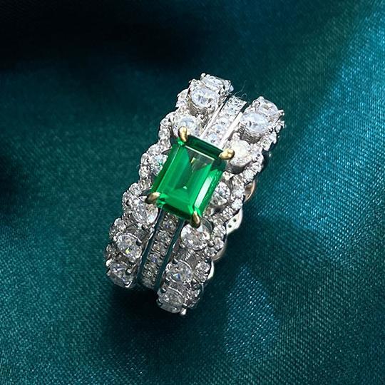 Emerald Double Row Sterling Silver Engagement Ring