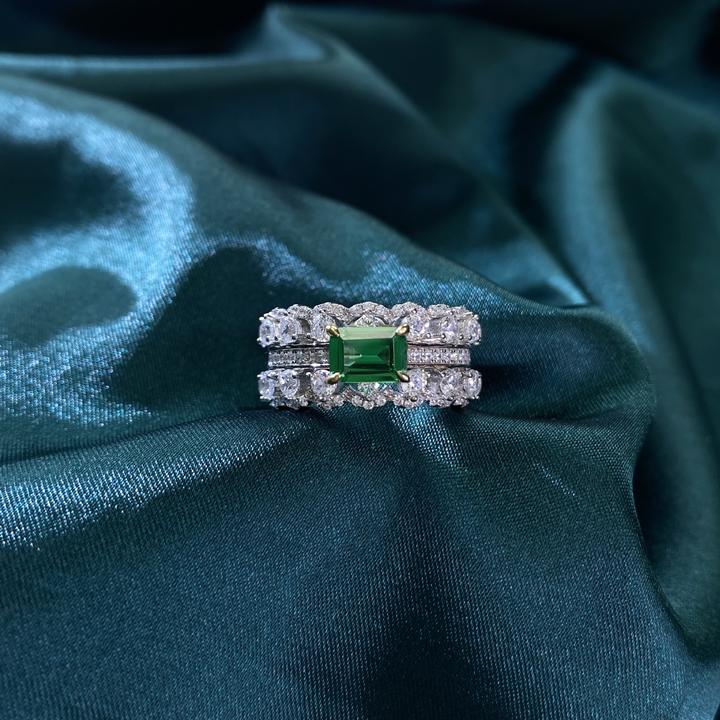 Emerald Double Row Sterling Silver Engagement Ring