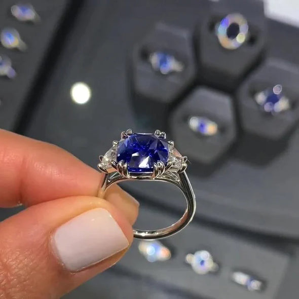 Cushion Cut Sapphire Blue Three-Stone Engagement Ring