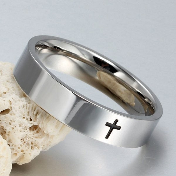 Black Cross Silver Titanium Men's Wedding Band