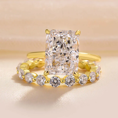 Stunning Radiant Cut Sterling Silver Bridal Set In Golden Tone