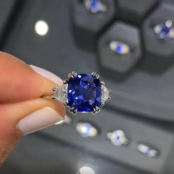 Cushion Cut Sapphire Blue Three-Stone Engagement Ring