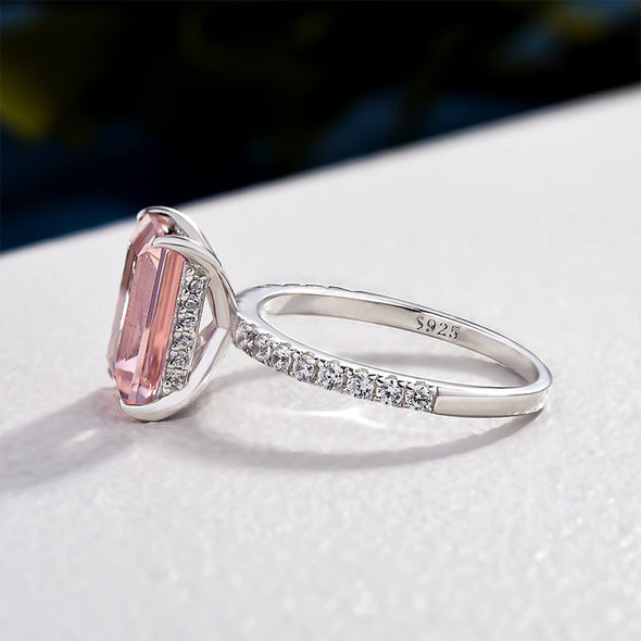 Hidden Halo Emerald Cut Morganite Pink Engagement Ring In Sterling Silver