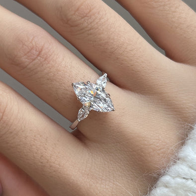 Dainty Three Stone Marquise Cut Sterling Silver Engagement Ring