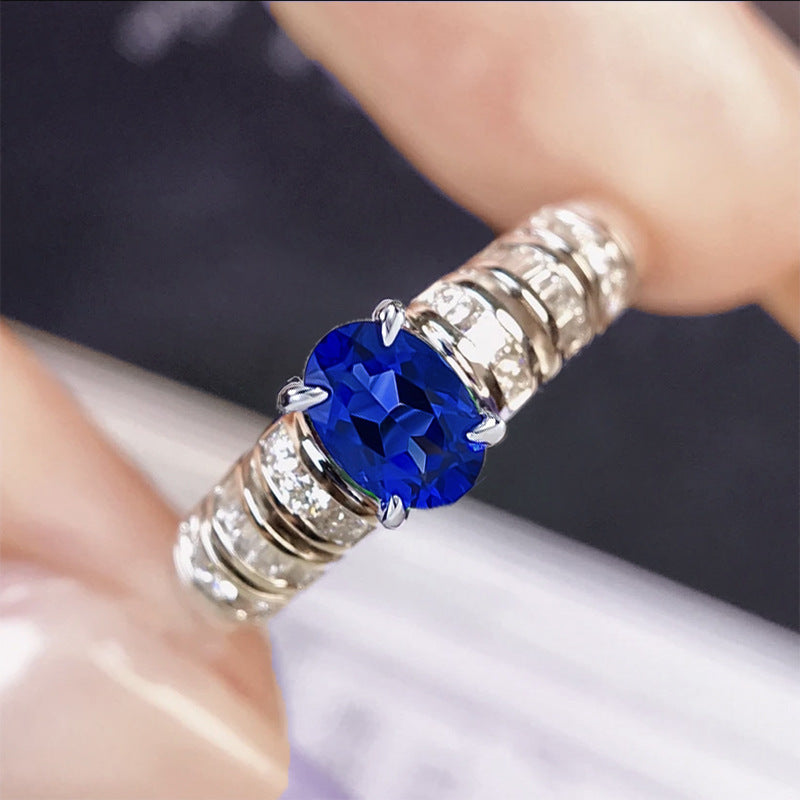 Oval Cut Royal Blue Center Stone Sterling  Silver Ring