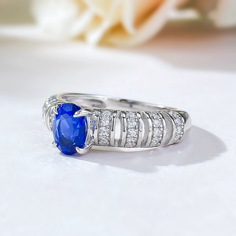 Oval Cut Royal Blue Center Stone Sterling  Silver Ring