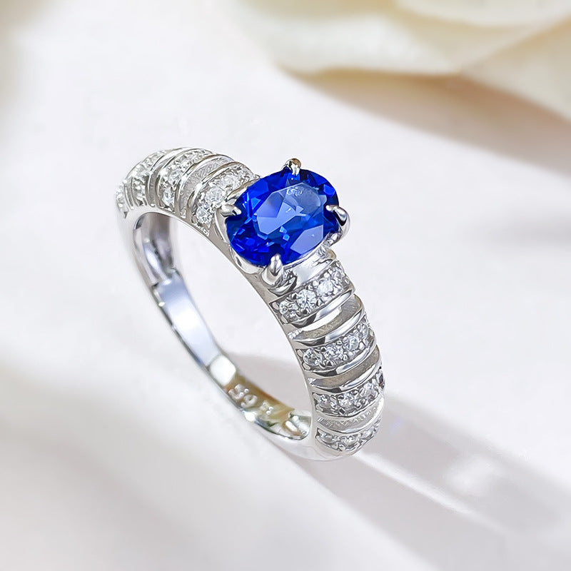 Oval Cut Royal Blue Center Stone Sterling  Silver Ring