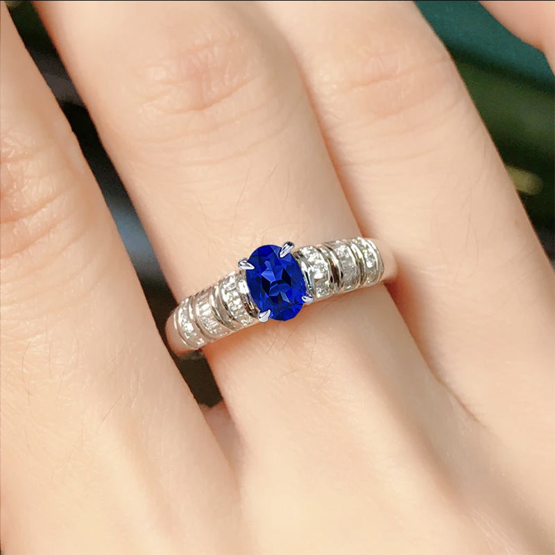 Oval Cut Royal Blue Center Stone Sterling  Silver Ring