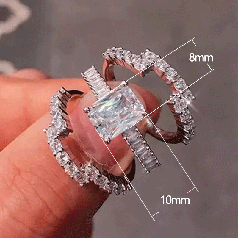 3PC Handmade Radiant Cut Sterling Silver Wedding Ring Set With 2 Bands