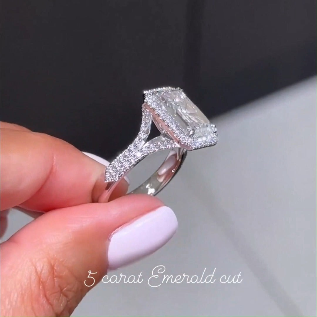 Gorgeous Halo Split Shank Emerald Cut Engagement Ring In Sterling Silver