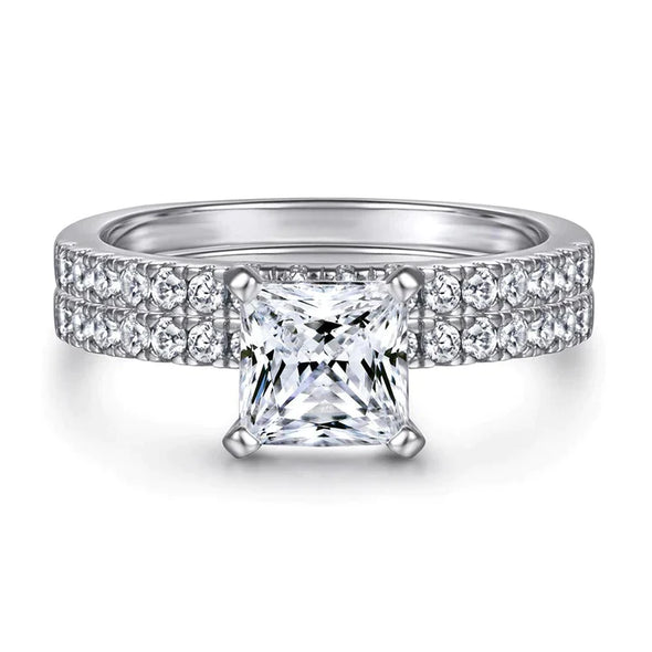 Princess Cut  Sterling Silver Double Band Bridal Set