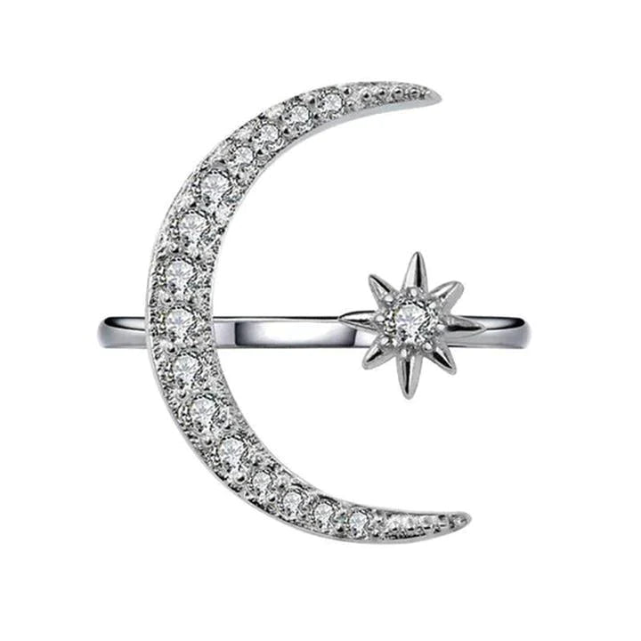 Crescent Moon & Star Adjustable Open Stackable Ring