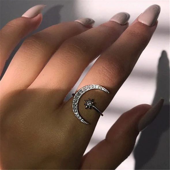 Crescent Moon & Star Adjustable Open Stackable Ring