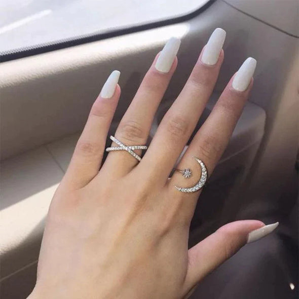 Crescent Moon & Star Adjustable Open Stackable Ring