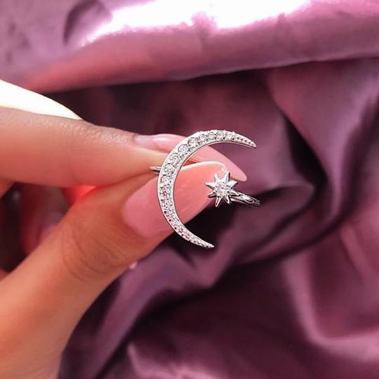 Crescent Moon & Star Adjustable Open Stackable Ring