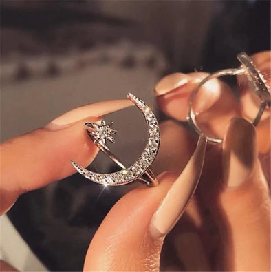 Crescent Moon & Star Adjustable Open Stackable Ring