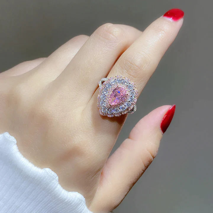 Vintage 3CT Pink Halo Split Pear Cut Engagement Ring