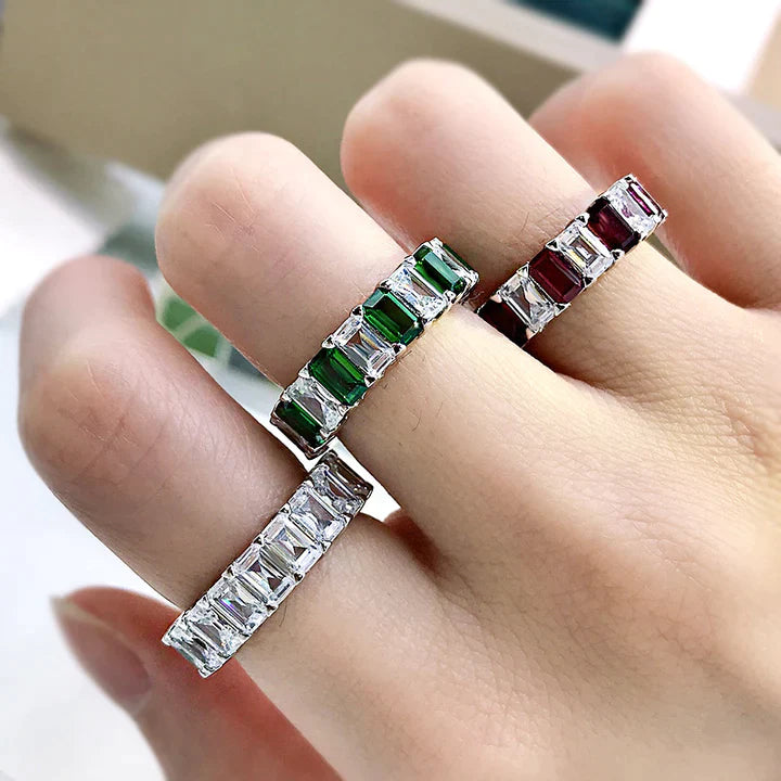 Multi-Colored Eternity Emerald Cut Sterling Silver Wedding Band