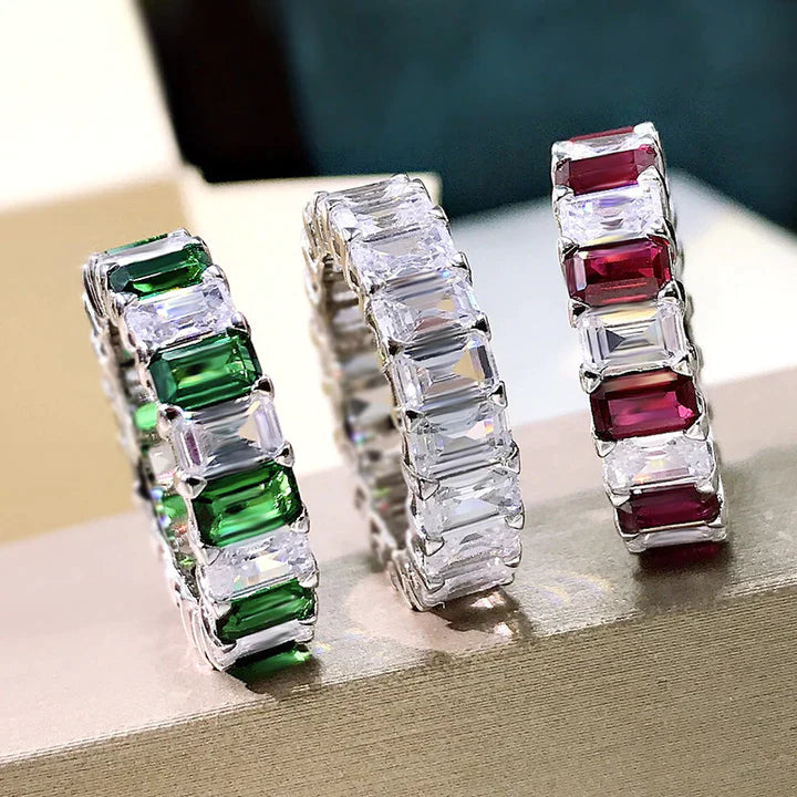 Multi-Colored Eternity Emerald Cut Sterling Silver Wedding Band