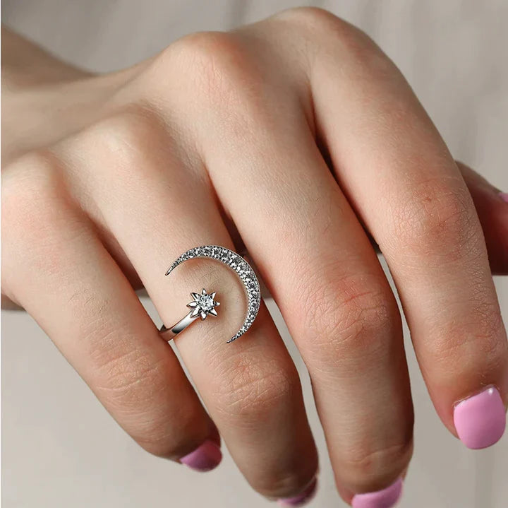 Crescent Moon & Star Adjustable Open Ring In Sterling Silver