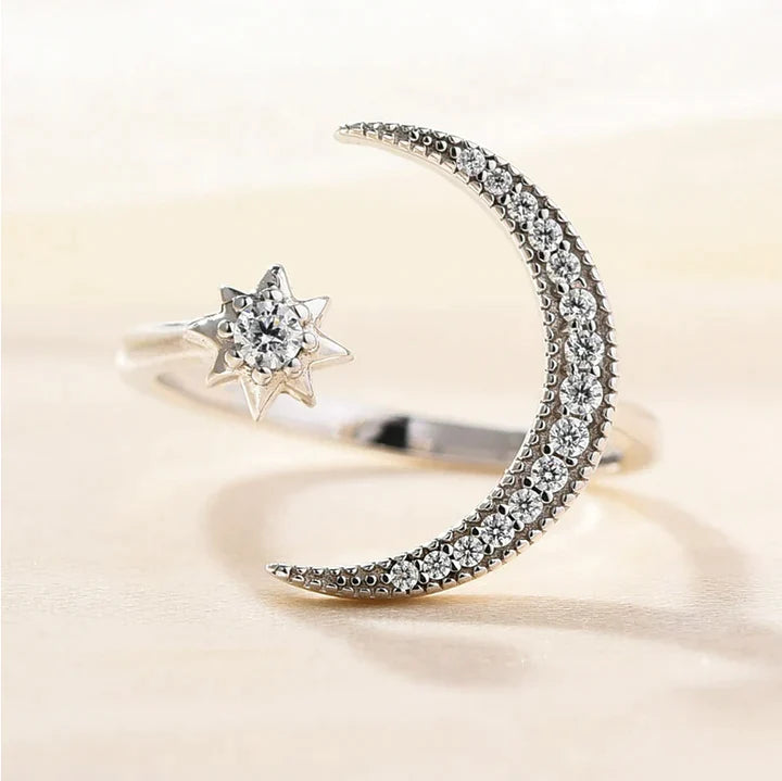 Crescent Moon & Star Adjustable Open Ring In Sterling Silver