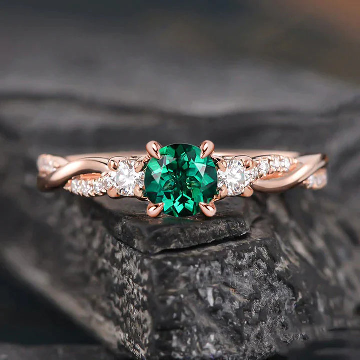 Emerald Green Twist Rose Golden Engagement Ring In Sterling Silver