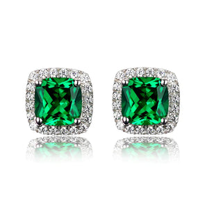 Retro Emeralds Cut Halo Stud Earrings in 18K Platinum Plated Sterling Silver