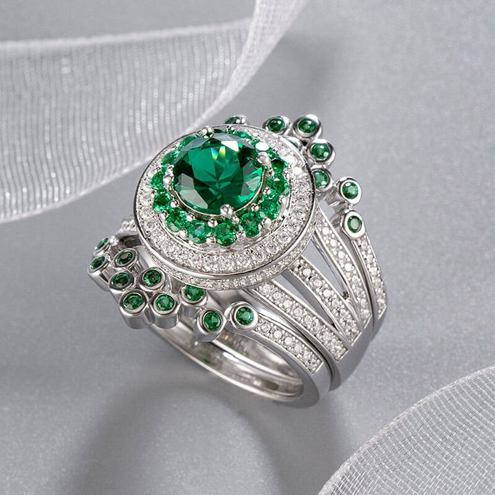 Vintage Emerald Green Round Cut Sterling Silver Cluster Ring Sets