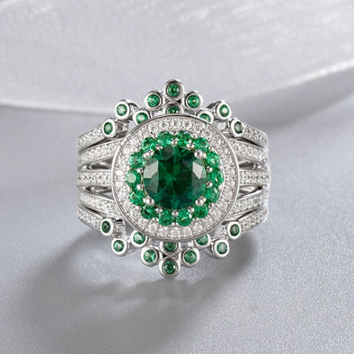 Vintage Emerald Green Round Cut Sterling Silver Cluster Ring Sets