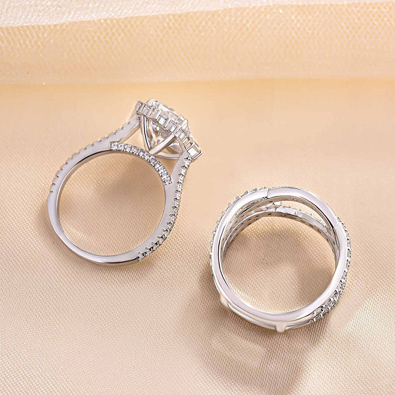 Vintage Halo Radiant Cut Insert Bridal Set In Sterling Silver