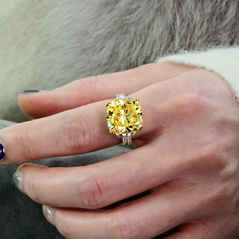 Luxurious Cushion Cut Yellow Gemstone Sterling Silver Engagement Ring