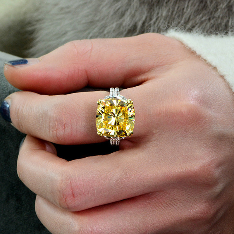 Luxurious Cushion Cut Yellow Gemstone Sterling Silver Engagement Ring