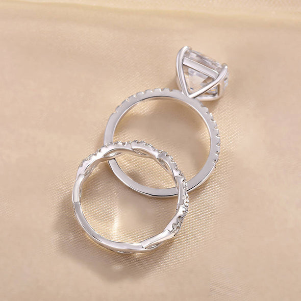 Stunning Asscher Cut Sterling Silver Bridal Set with Infinity Band