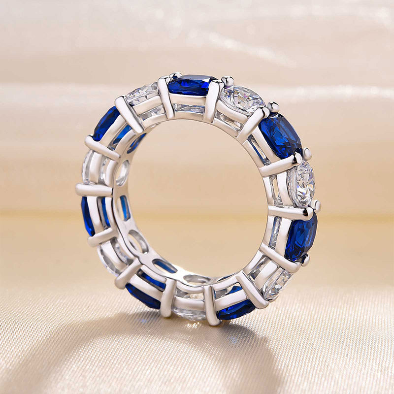 Gorgeous Blue & White Gemstone Wedding Band In Sterling Silver