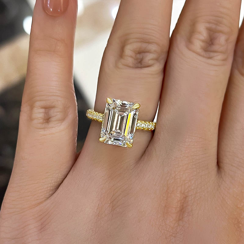 Gorgeous Golden Tone Emerald Cut Engagement Ring In Sterling Silver