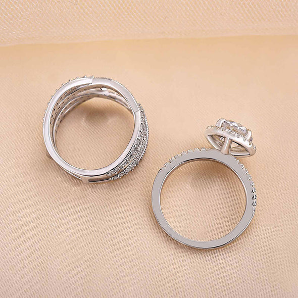 Vintage Halo Round Cut Insert Wedding Bridal Set In Sterling Silver