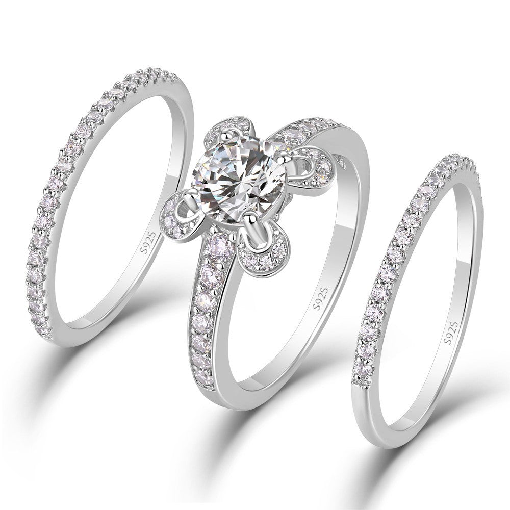 Dainty Floral Round Cut 3-Piece 925 Sterling Silver Bridal Set