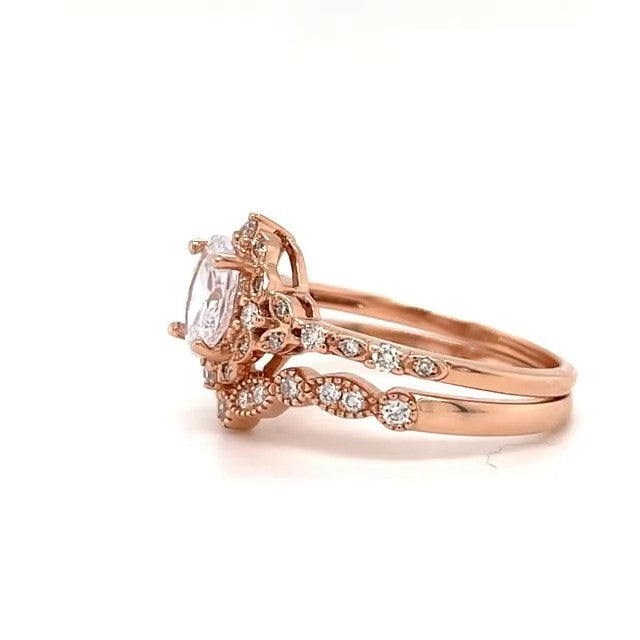 2CT Rose Golden Tone Halo Oval Cut Sterling Silver Bridal Set