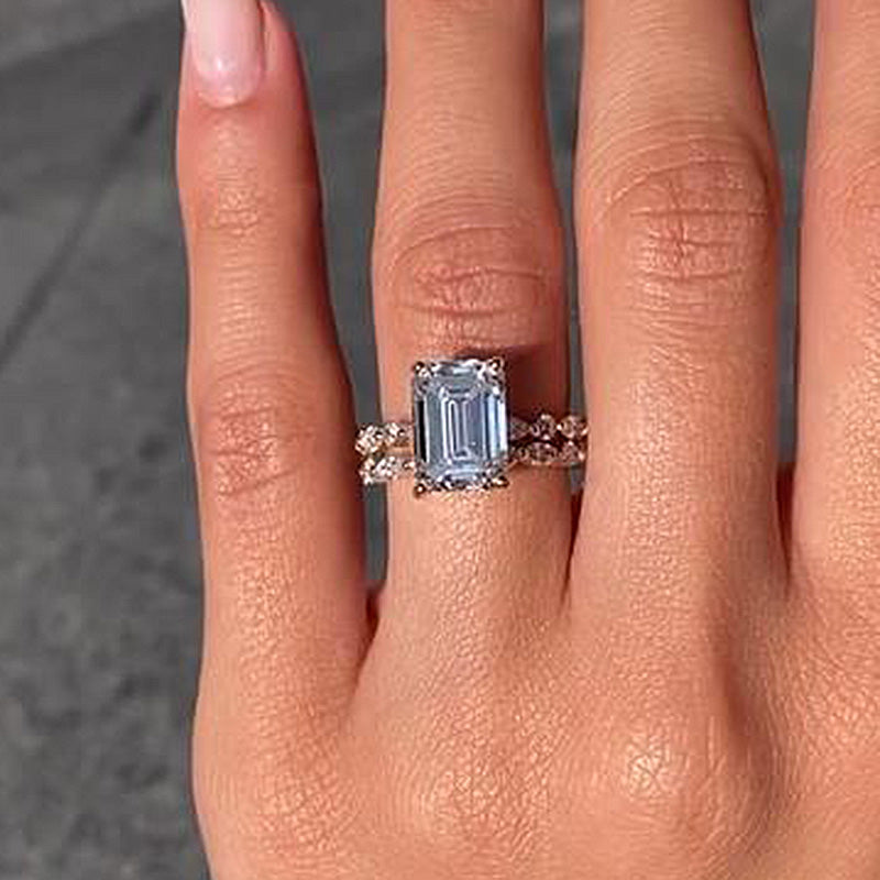 Unique Design Emerald Cut Sterling Silver Bridal Set In Golden Tone