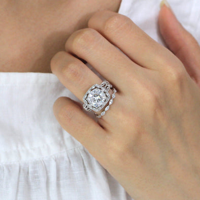 2PCS Vintage Milgrain Matching Cushion Cut Wedding Bridal Set