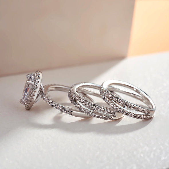 Classic Halo Pear Cut Wedding Bridal Set with Interweave Band