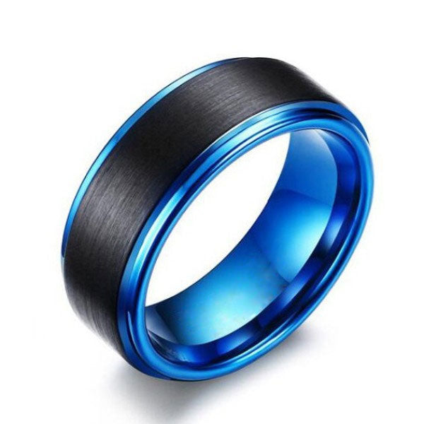 Simple Tungsten Two Tone Black & Blue Men's Ring