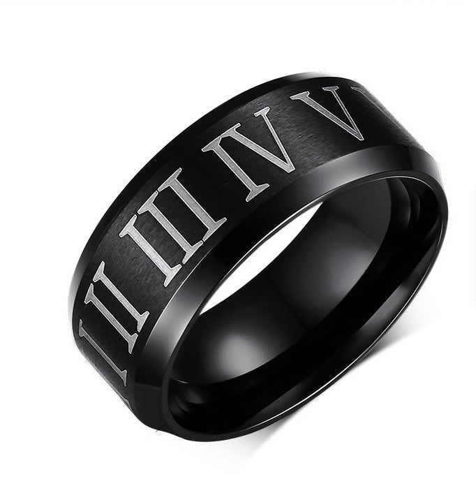 Black Roman Numerals Titanium Steel Men's Ring