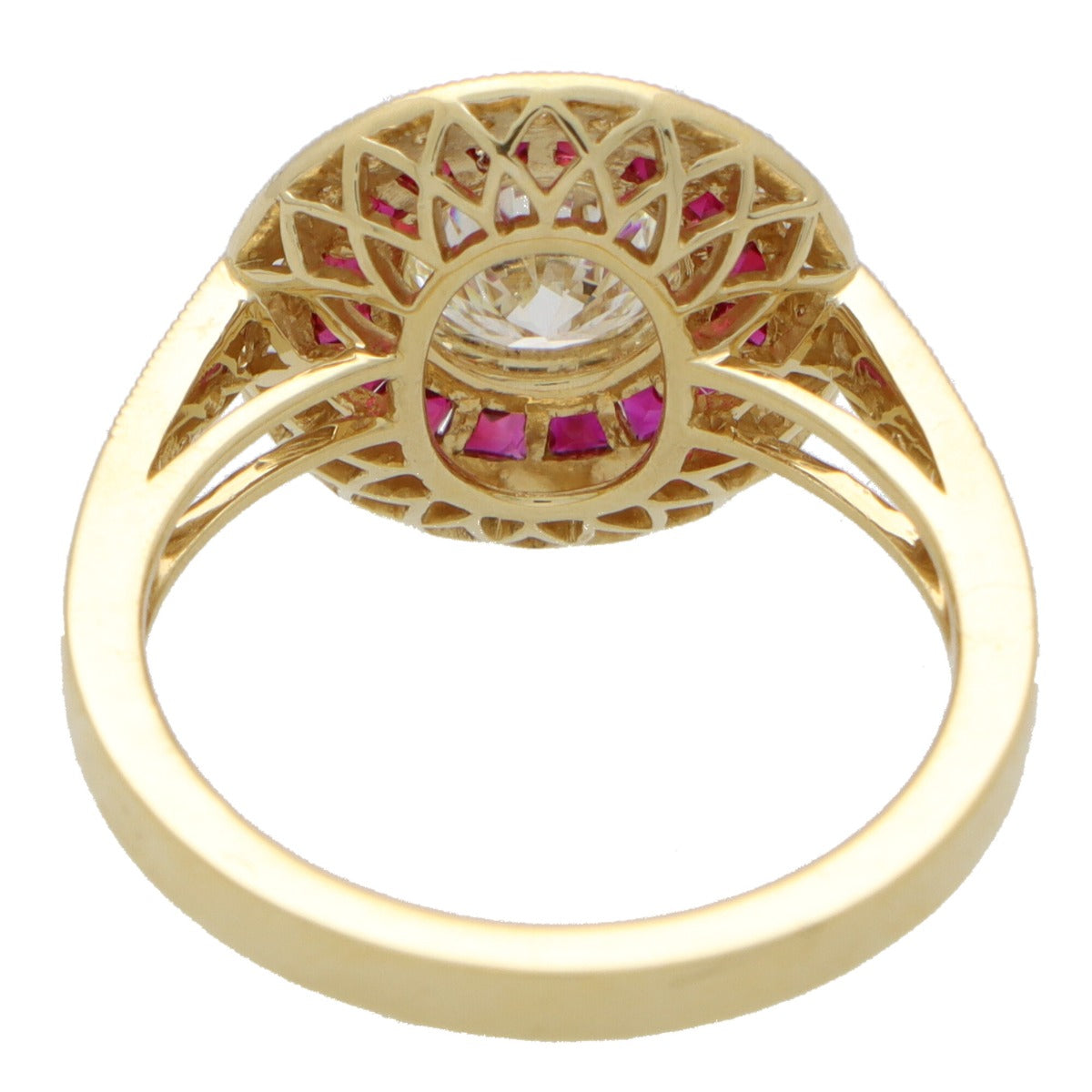 Retro Style Ruby Double Halo Engagement Ring In Golden Tone