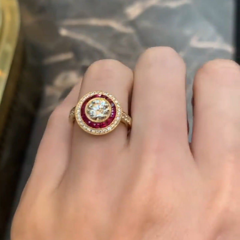 Retro Style Ruby Double Halo Engagement Ring In Golden Tone