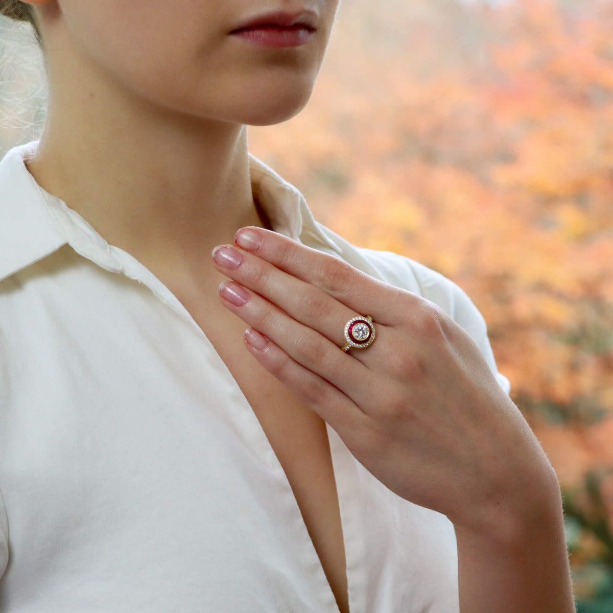 Retro Style Ruby Double Halo Engagement Ring In Golden Tone